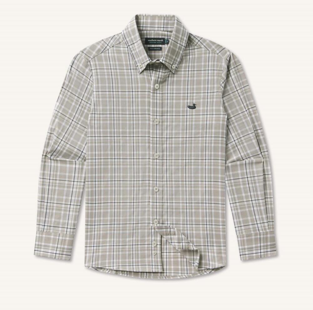 NEW SOUTHERN MARSH men's grainger performance plaid dress shirt in burnt taupe &